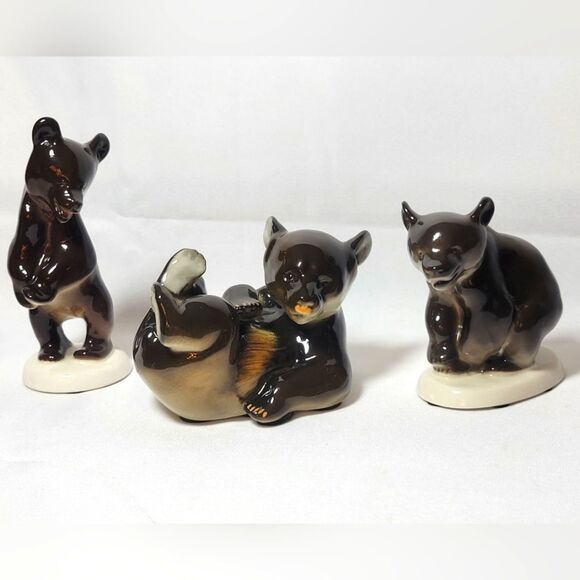 Vintage Lomonosov USSR Set Of 3 Porcelain Brown Bear Figurines - Picture 1 of 15